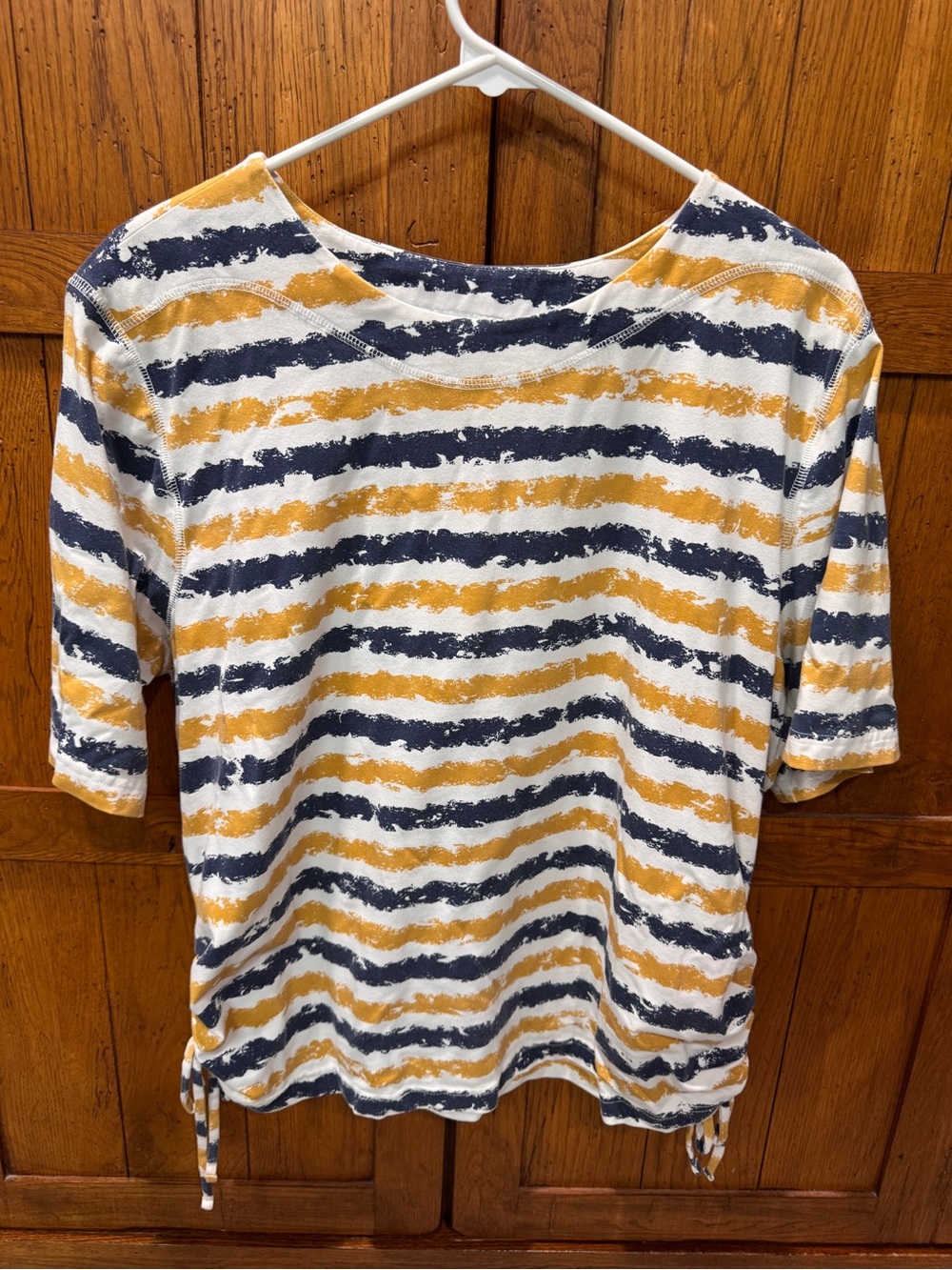 Southern Lady White Top with Navy & Mustard Stripes, Short Sleeve